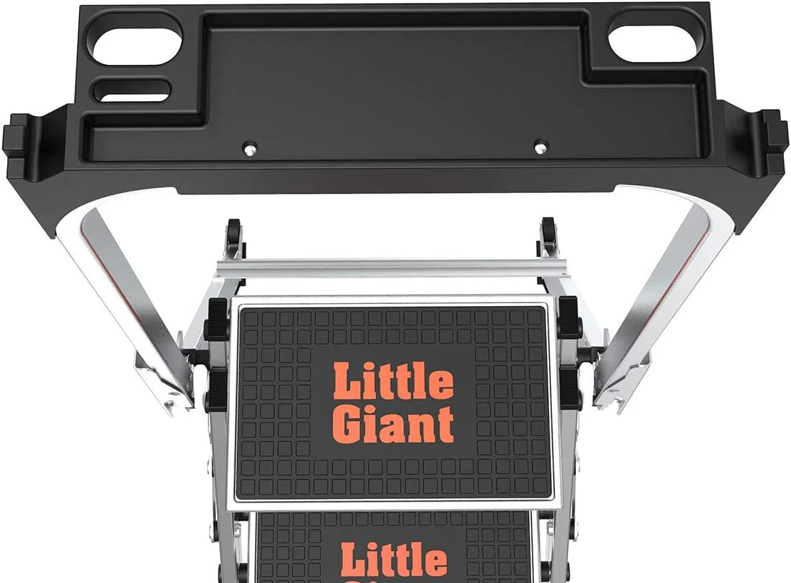 Little Giant Ladder. Safety Step. Three-step Design. 3 feet high. Footrest. Aluminum. Type 1A. Load Capacity 300 pounds