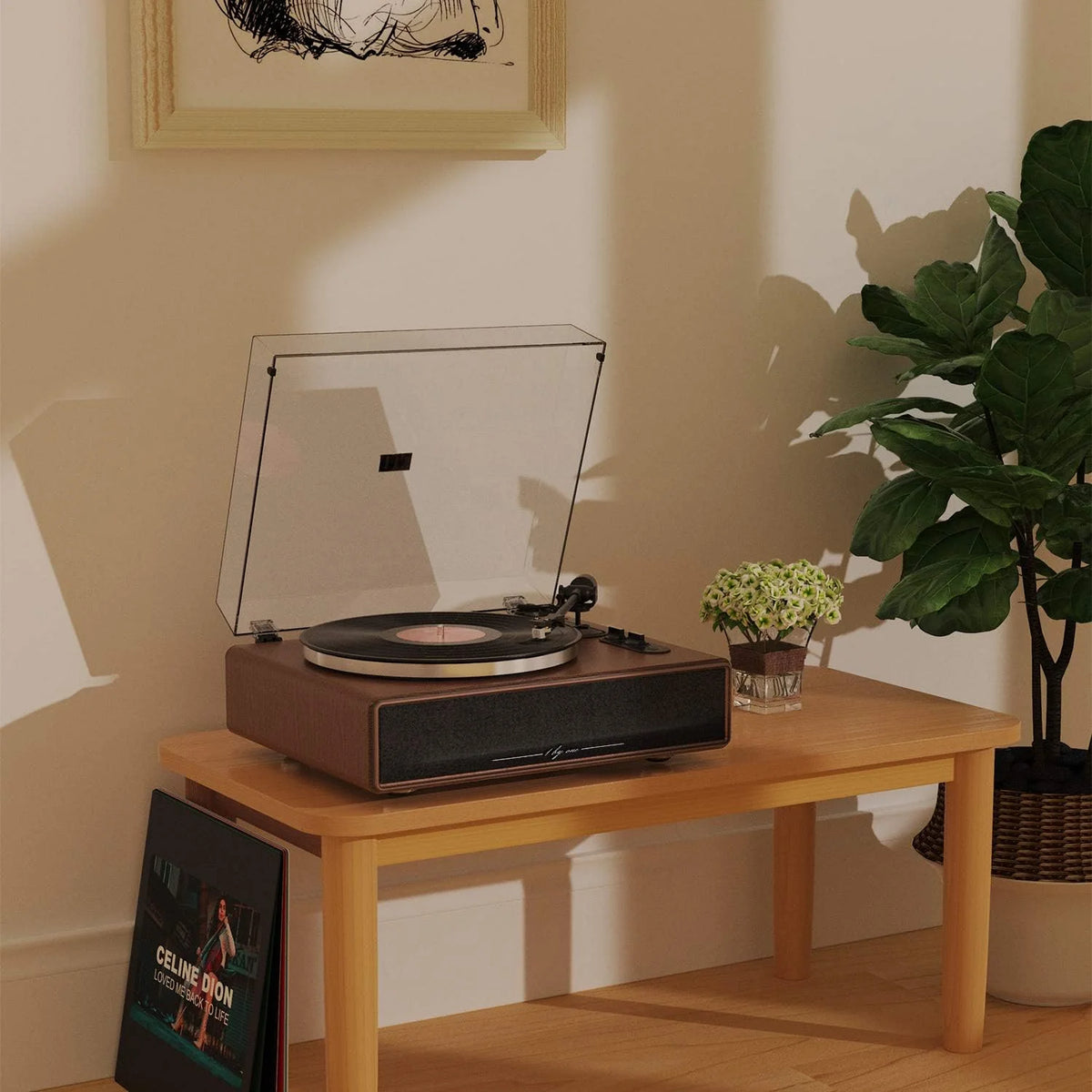 High Fidelity Belt Drive Turntable with Built-in Speakers. Vinyl Record Player with Magnetic Cartridge. Bluetooth Playback and Aux-in Functionality. Auto Off