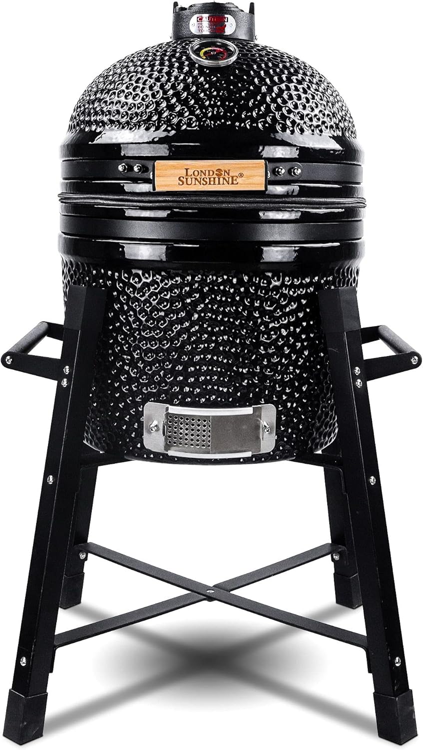 Ceramic Kamado Charcoal BBQ Grill and Smoker. Stainless Steel Grates -15 Ceramic with Tall Stand (GREEN)