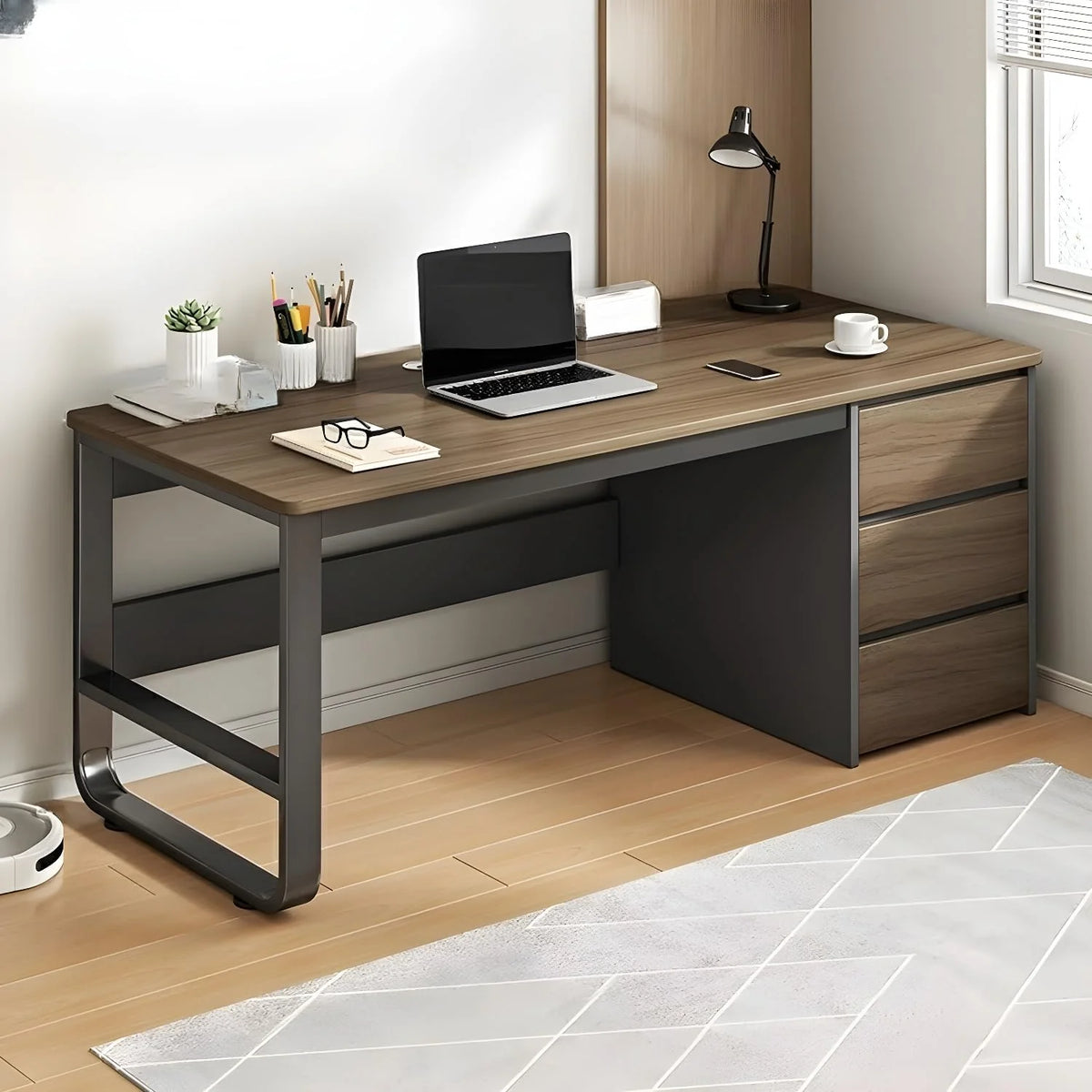 This stylish and modern office desk features an integrated cable management system. a wooden desktop. and a rectangular shape. It comes with three drawers and is ideal for both office and home use. Available in brown. it measures 63 inches in length.