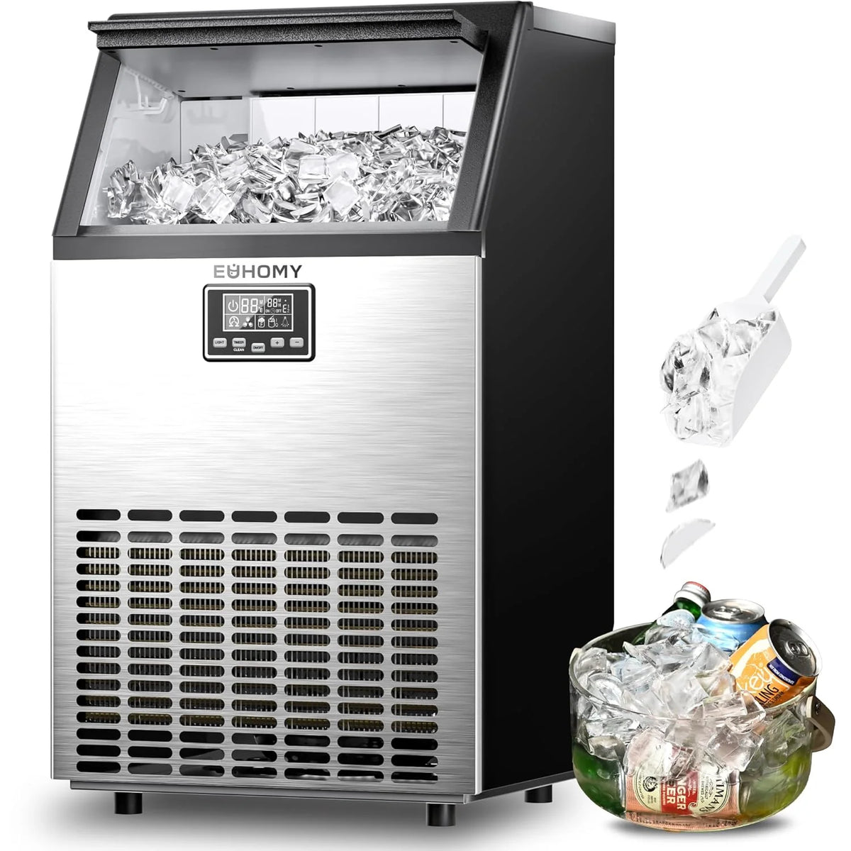 Commercial Ice Maker Machine. 100lbs/24H Stainless Steel Under Counter ice Machine with 33lbs Ice Storage Capacity. Freestanding Ice Maker.