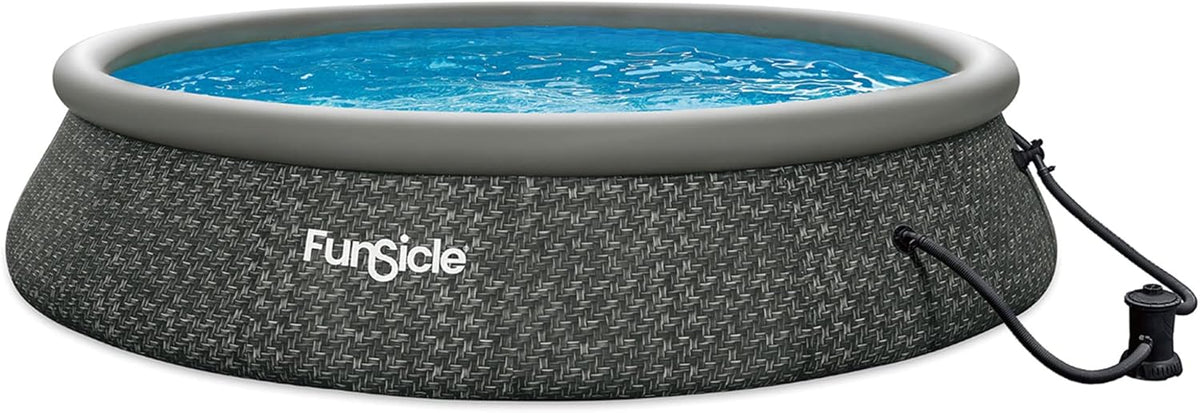 12 Foot by 36 Inch Quickset Round Inflatable Ring Top Outdoor Above Ground Swimming Pool Set with Pump and Cartridge Filter. Dark Herringbone