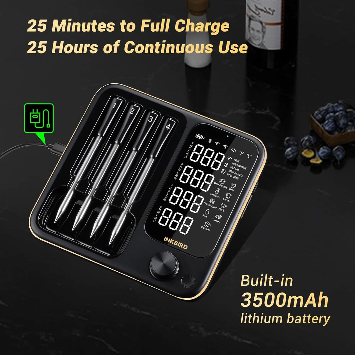 True wireless meat thermometer. equipped with 4 probes. Bluetooth meat thermometer. with backlit LCD display. Wi-Fi-enabled smart food thermometer. rechargeable. suitable for barbecue grills. charcoal grills. ovens. and rotating barbecue racks.