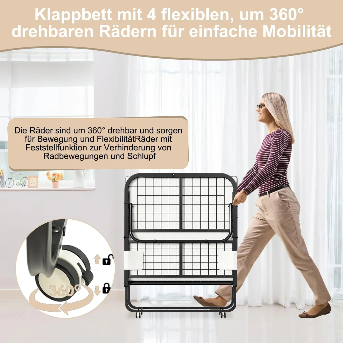 Sonnewelt Klappbett 90x200cm mit 13cm Dicke und Rollen