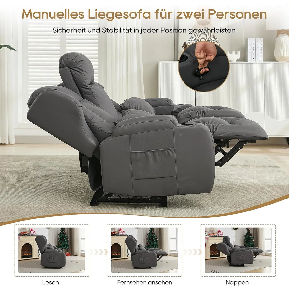 2er Relaxsessel mit Liegefunktion Fußteil. Zweisitzer Fernsehsessel 2 Sitzer TV Sessel mit Konsole. Manuell Verstellbar Doppel Kinosessel bis 360 kg (