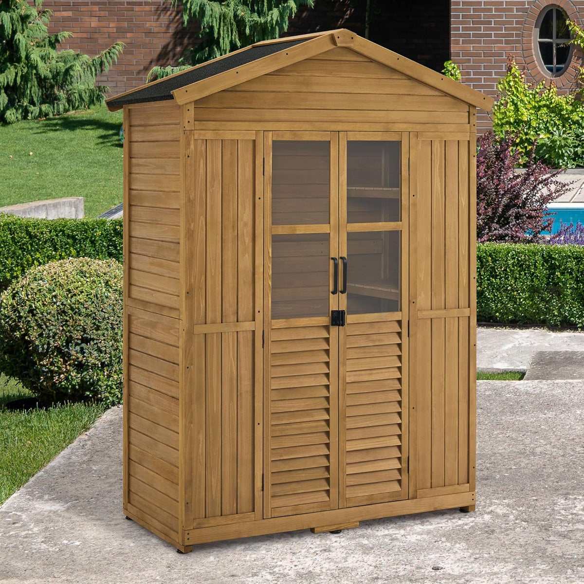 M MCombo Armario de Jardín de Madera Resistente a la Intemperie. Cobertizo de Herramientas al Aire Libre a Prueba de Agua. 74×143×200 cm (Naturaleza)