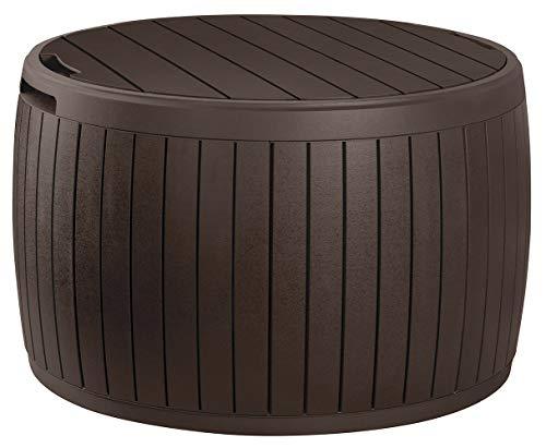 37 Gallon Round Deck Box. Patio Table for Outdoor Cushion Storage. Brown