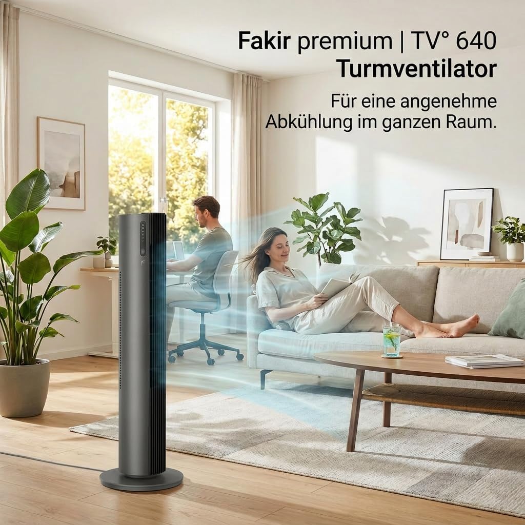 Fakir premium TV° 640 Turmventilator - Leiser Lüfter mit 32dB(A). DC-Motor. 12 Stufen. 12h Timer. LED-Display. Fernbedienung & 90° Oszillation.