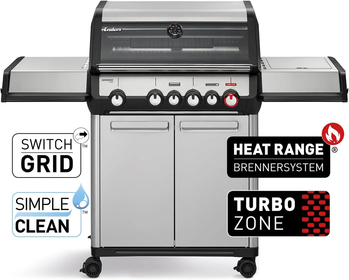Enders Gasgrill Monroe Pro 4 SIKR Turbo. 4-Brenner. mit Kocher und Infrarot-Heckbrenner. PanoVision Sichtfenster. Gussrost. Aluguss Grill. 800 °C