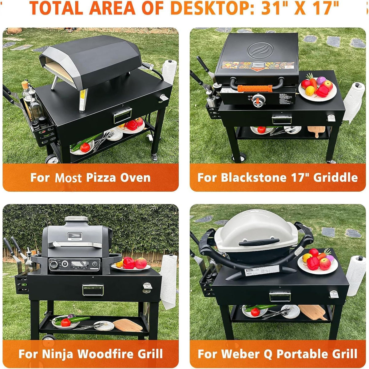Foldable barbecue table cart. black stone portable frying pan. Weber. Onni pizza oven - Portable outdoor barbecue preparation table. equipped with a bag. very suitable for camping and tailgate events.