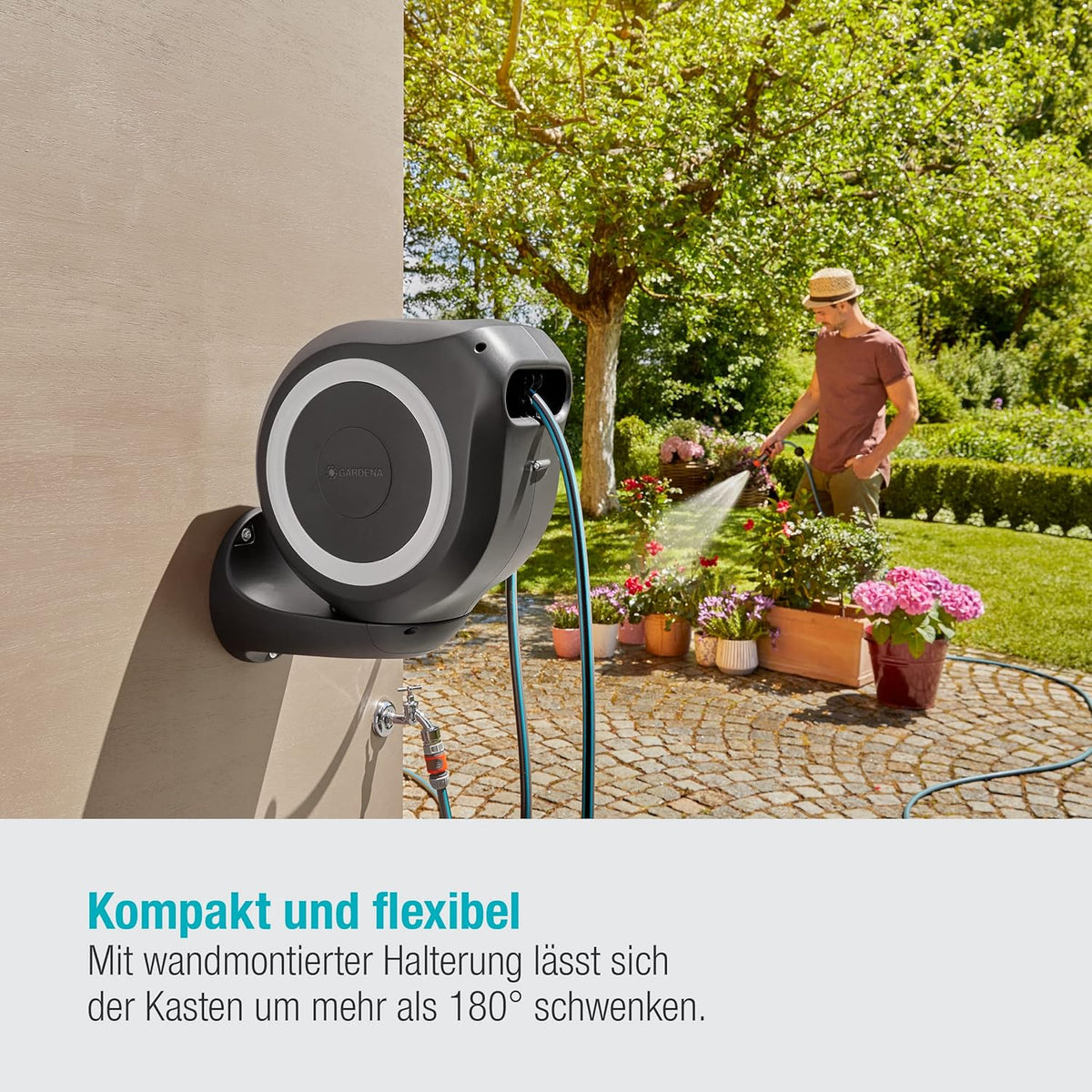 Gardena Wand-Schlauchbox RollUp M 20 m: Flexible Bewässerung für mittelgroße Gärten. schwenkbare Schlauchtrommel. mit Wandhalterung. Systemteilen und