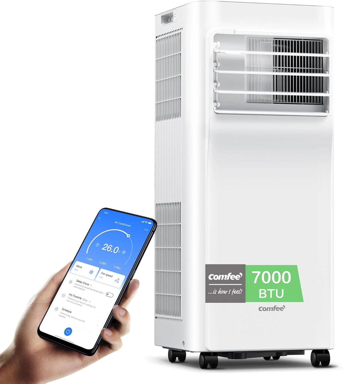 Comfee Mobiles Klimagerät Breezy Cool Pro 2.6.9000 BTU 2.6kW. Kühlen&Ventilieren&Entfeuchten.APP-Steuerung.Raumgröße bis 88m³(33m2).Mobile Klimaanlage