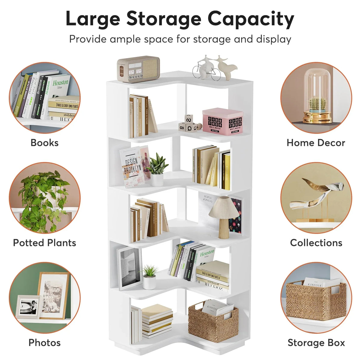 64.9 Inch Tall 6-Tier Corner Bookshelf. Freestanding Wood Industrial Bookcase