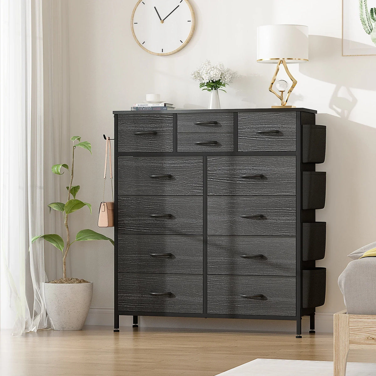 12 Drawer Fabric Dresser. Tall Bedroom Chest of Drawers with Storage