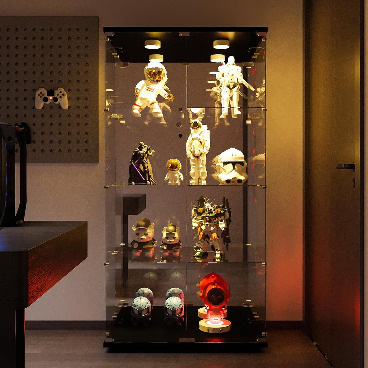 Vitrina Cristal Expositora con Luz. Puerta Cerradura. 4 estantes - Grande Vitrina de Colecciones.Vitrina de pie para Sala Oficina(Espalda Espejo)