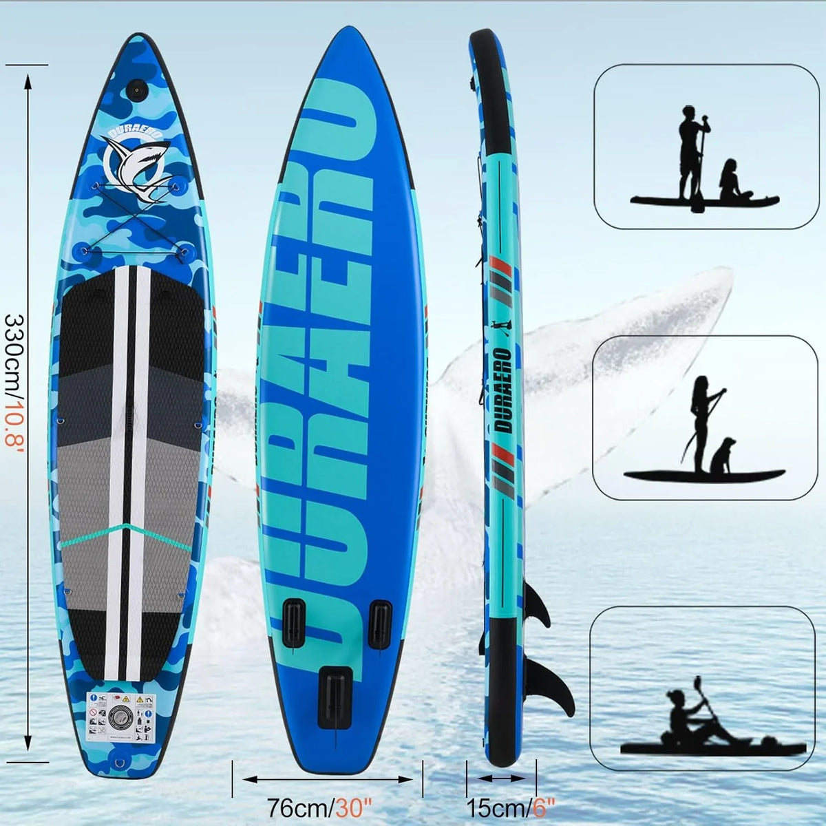 Inflatable Paddle Board with Kayak Seat. 330 x 76 x 15 cm. up to 150 kg. Integrated Pad. Detachable Fin. Double Adjustable Paddle. Repair Kit. Blue