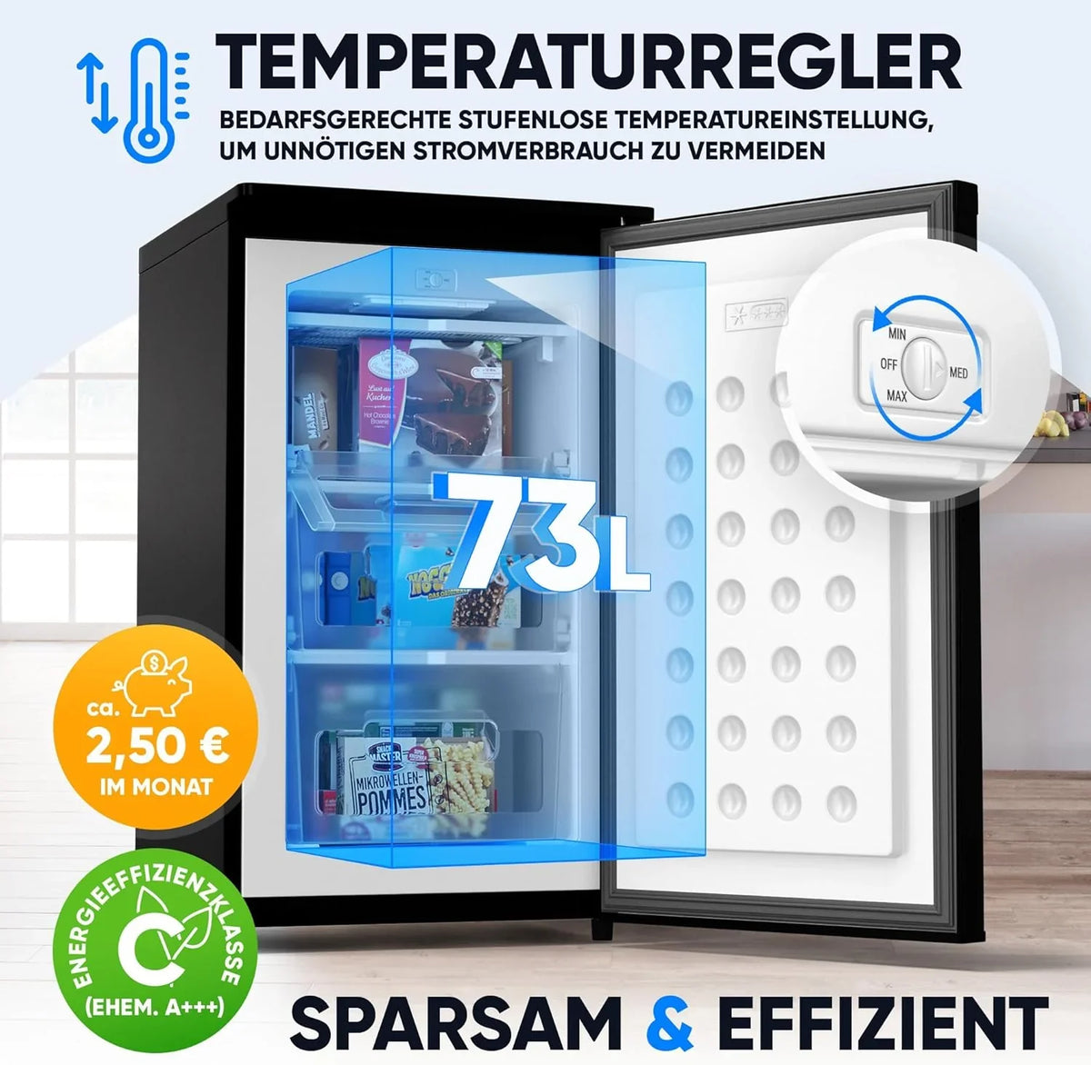 Stillstern Gefrierschrank C (73L) 4-Sterne-Gefrierfach -18°C ger. Energiever. Mini Freezer mit 3 Fächer. stufenlos reg. Temp.. kleine Tiefkühltruhe.