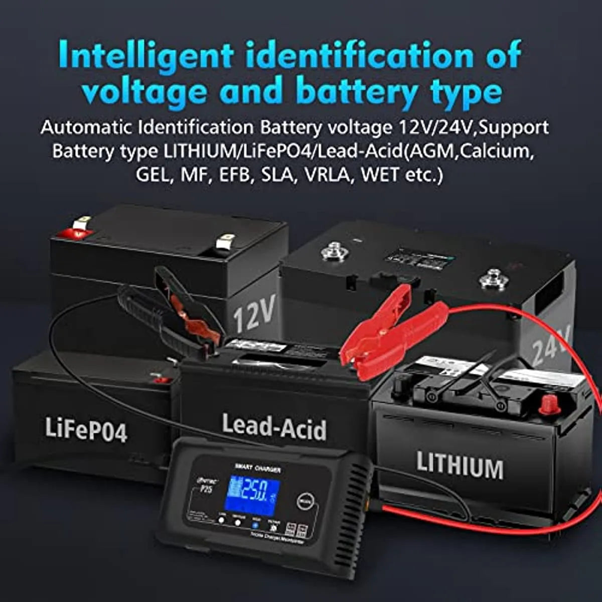 25-Amp Smart Battery Charger.Lithium.LiFePO4.Lead-Acid AGM/Gel/SLA.. Car Battery Charger.Trickle Charger. Maintainer/deep Cycle Charger.12V/25A and