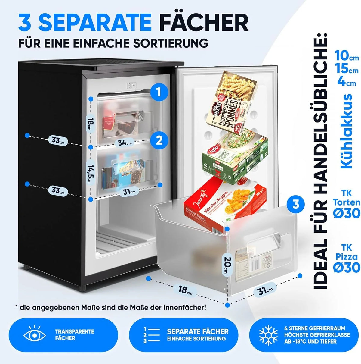 Stillstern Gefrierschrank C (73L) 4-Sterne-Gefrierfach -18°C ger. Energiever. Mini Freezer mit 3 Fächer. stufenlos reg. Temp.. kleine Tiefkühltruhe.