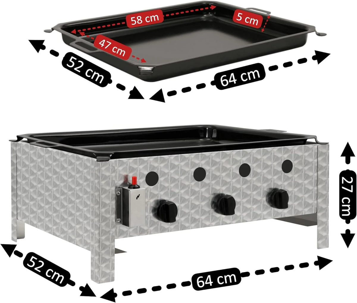 BBQ-Toro Edelstahl Gastrobräter | 3-flammig | 64 x 52 x 27 cm | Gastrogasgrill. Wurstbrater. Tisch Grill | Gastrogrill. Tischgasgrill. Gastischgrill.
