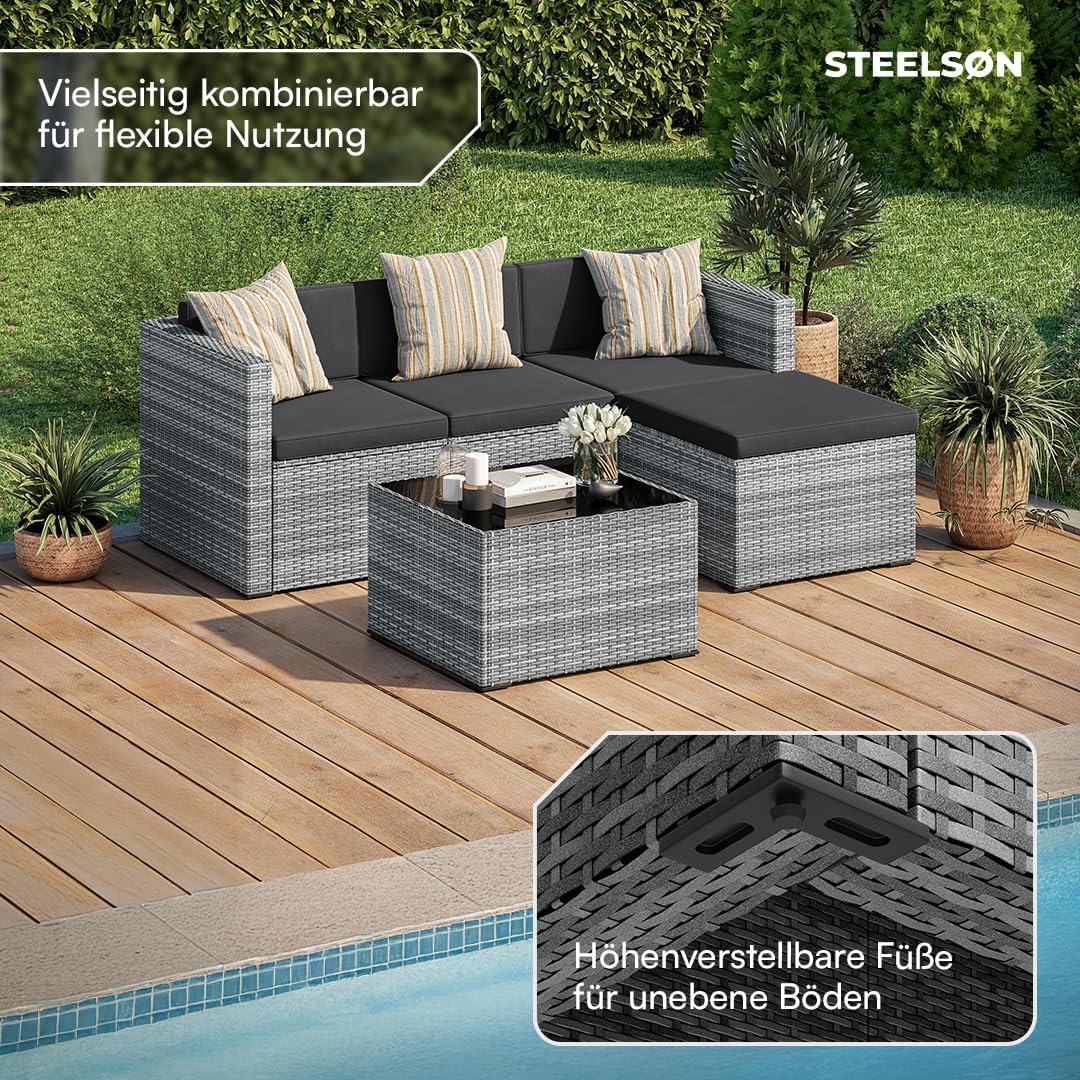 STEELSØN Zethora Rattan Gartenmöbel Set 3-TLG. – Outdoor Sitzgruppe für Garten/Terrasse/Balkon – Gartenlounge mit 3er-Sofa. Hocker & Tisch –