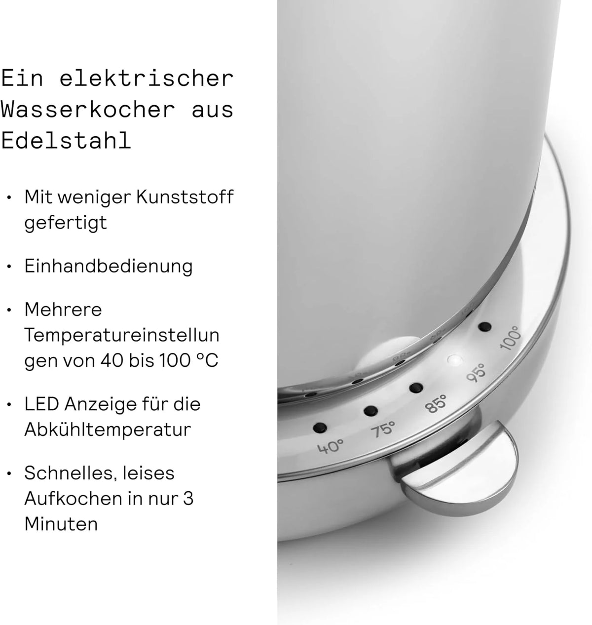 Aarke Wasserkocher aus Edelstahl mit mehreren Temperatureinstellungen. 360° drehbarem Sockel. leisem Kochvorgang und tropffreiem Ausgießer.