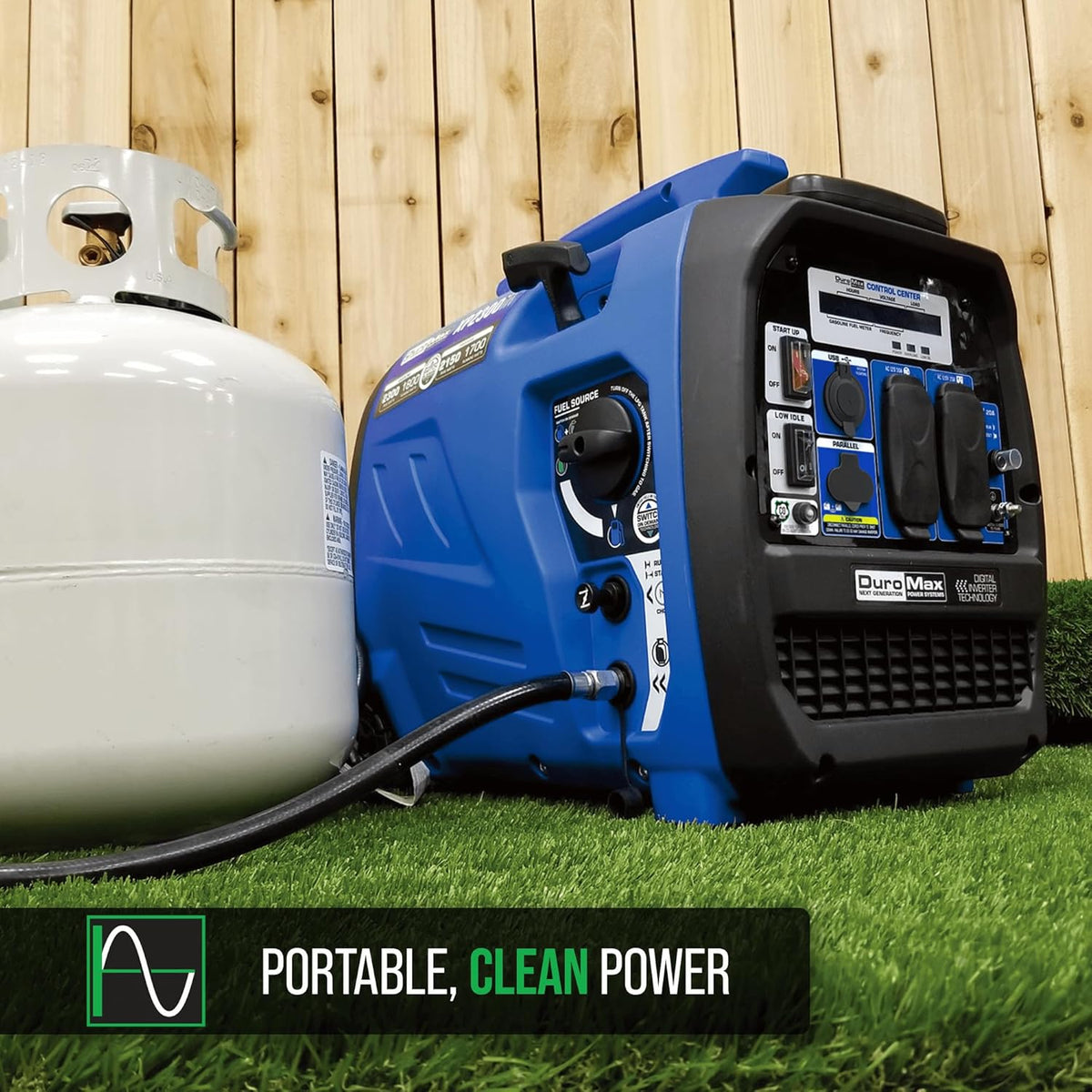 2300-watt dual-fuel portable digital inverter generator - Dual fuel (gasoline and propane). suitable for RVs and emergency use