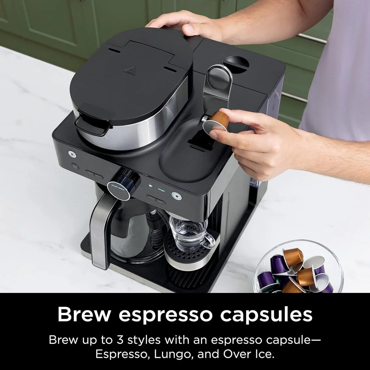 Italian espresso machine and coffee-making system. featuring three espresso brewing modes. supporting single-portion coffee and Nespresso capsules. with a built-in frother. capable of making Italian espresso. cappuccino and latte. Black style.