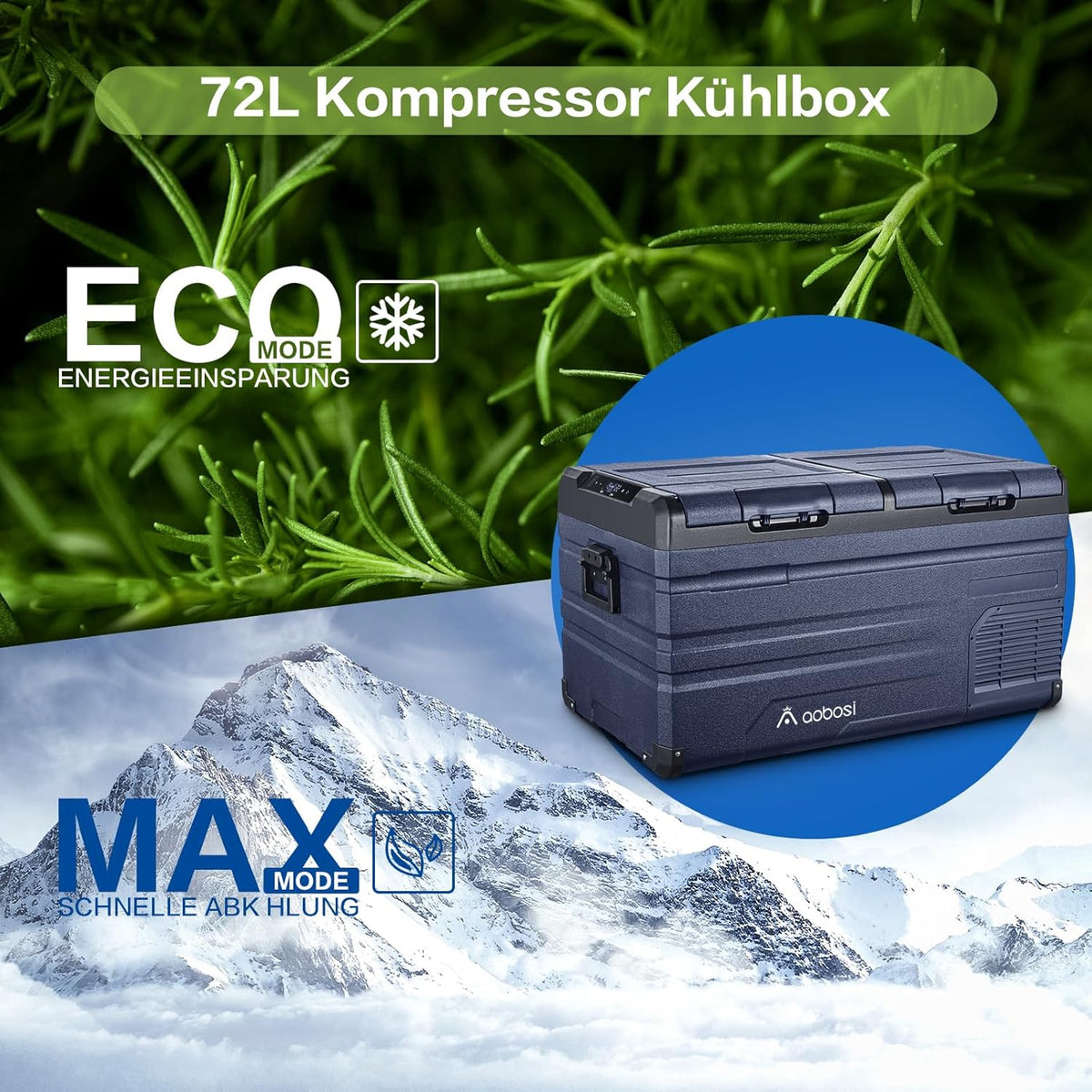 AAOBOSI 72L Kompressor Kühlbox. Dual Zone. Camping Kühlschrank mit APP. -20°C bis 20°C. USB-Handy-Ladung. LED-Beleuchtung. 12/24V und 100-240V.