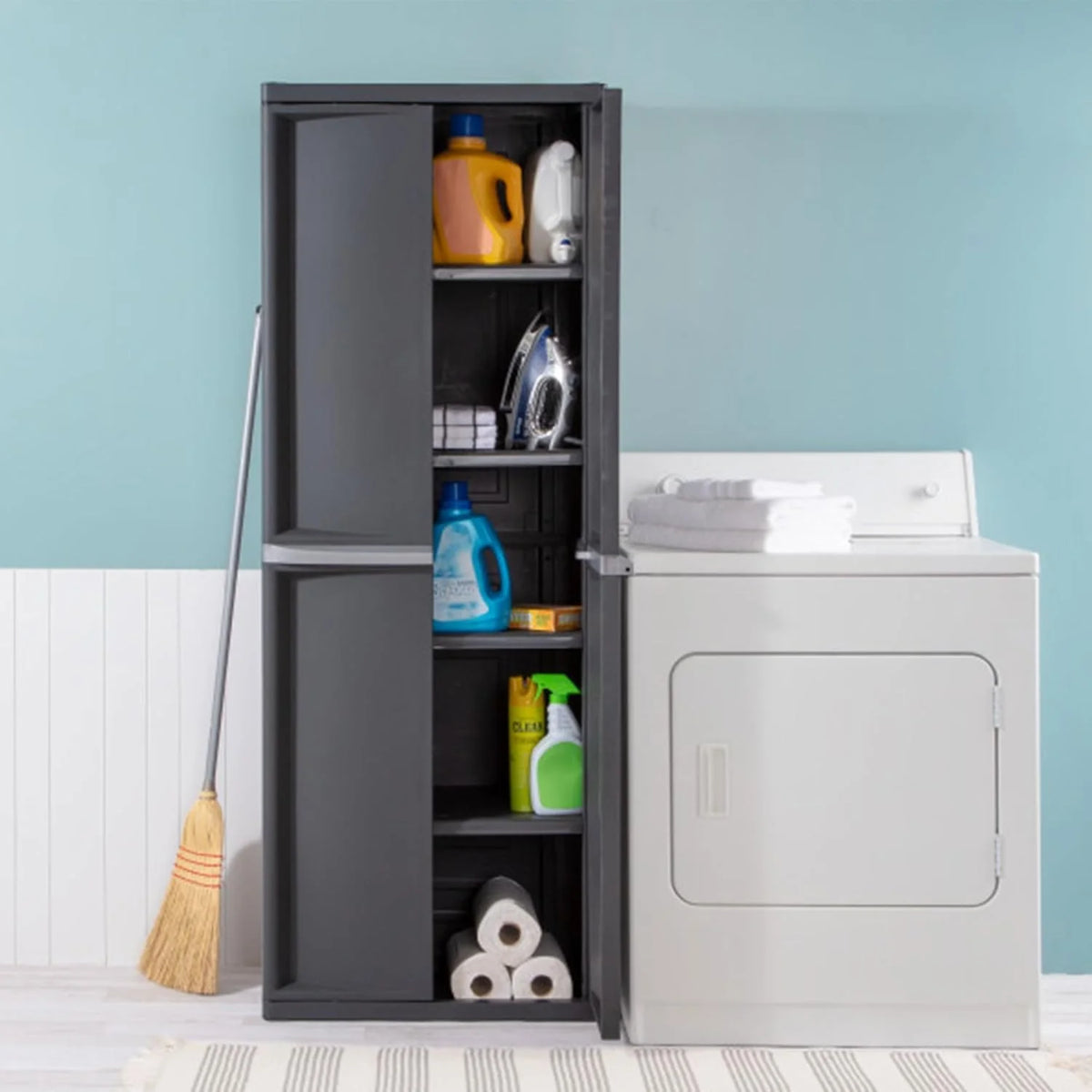 Storage Cabinet. Rugged Plastic Garage Organizer with Double Doors. 4 Adjustable Shelves. Gray