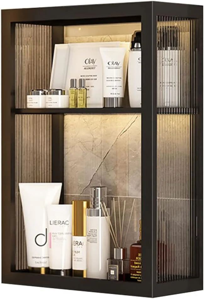 No Punching Cosmetic Locker. 4 Layer Double Door Storage Rack. Bathroom Medicine Cabinet. Toiletry Organizer Rack. Kitchen Wall Mounted Cupboard (Color : Black. Size : 40 * 15 * 60