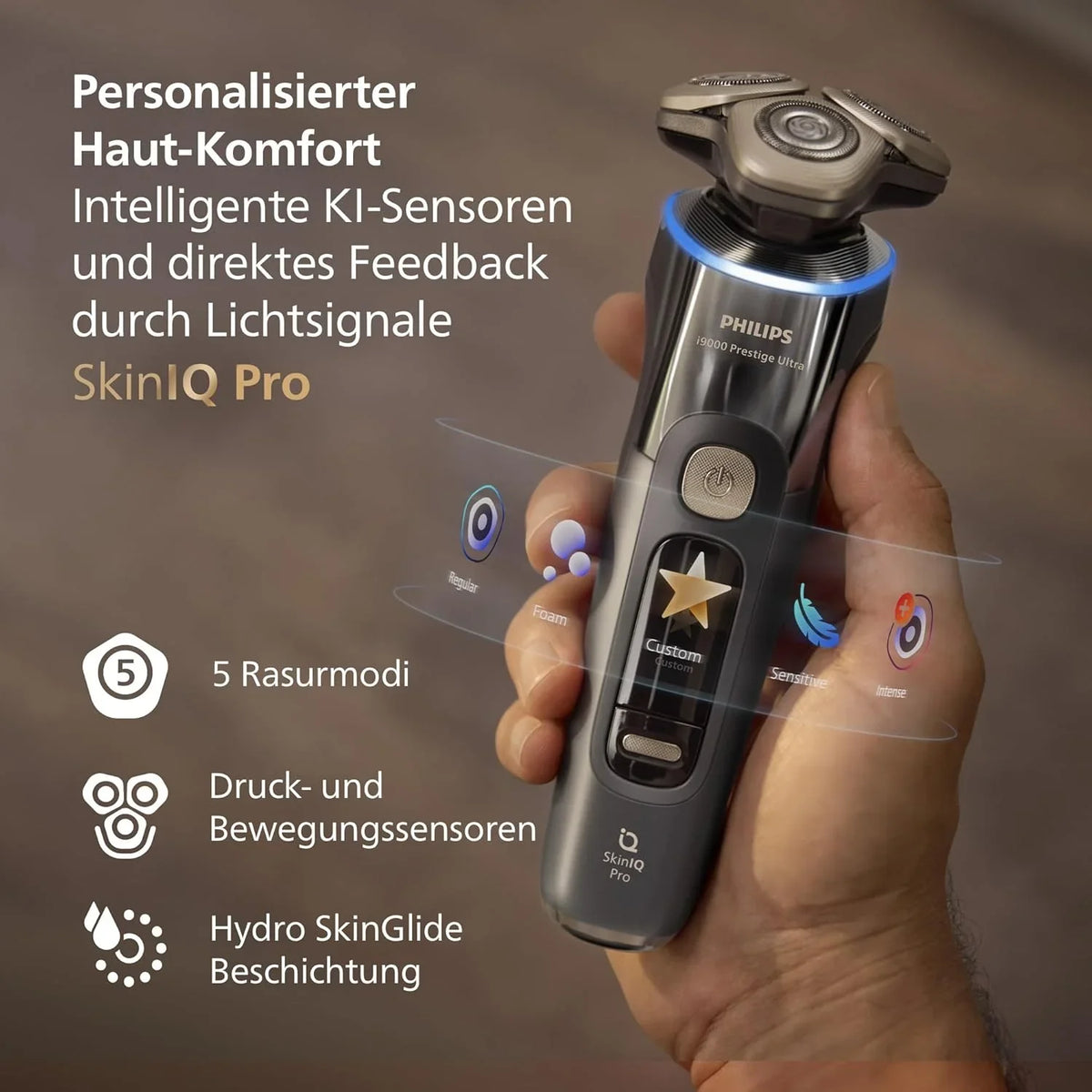 Rasierer i9000 Prestige Ultra. Nass- und Trockenrasierer für Herren. adriatic. Druck- und Bewegungssensor. 5+1 Bartstyler. Reinigungsstation. UV-
