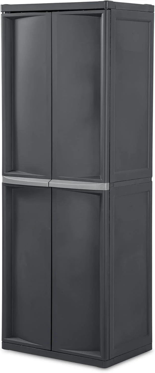 Storage Cabinet. Rugged Plastic Garage Organizer with Double Doors. 4 Adjustable Shelves. Gray