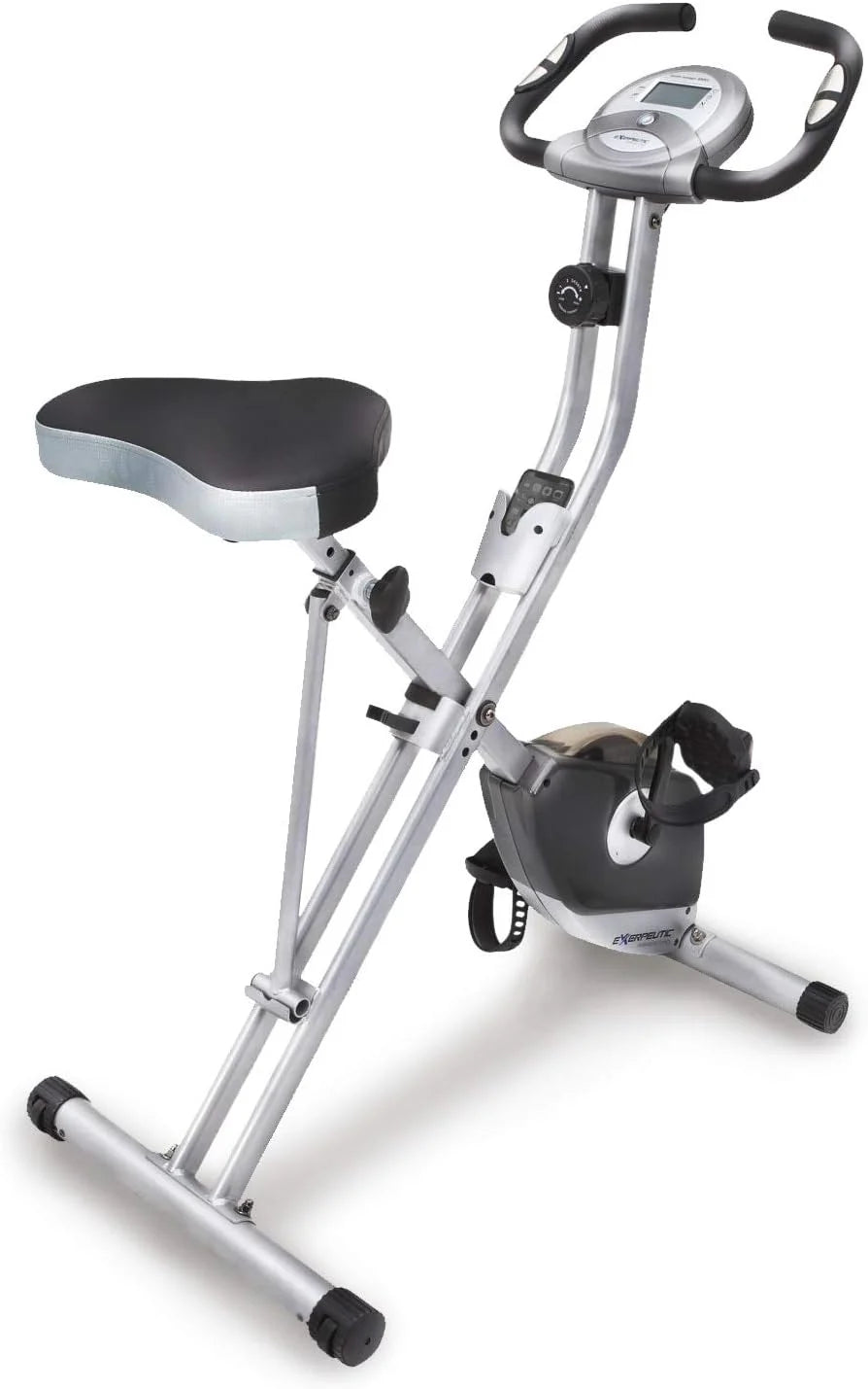 Compact folding exercise bike. 8 different intensity level fixed bikes. featuring Bluetooth tracking function and option for tablet stand.