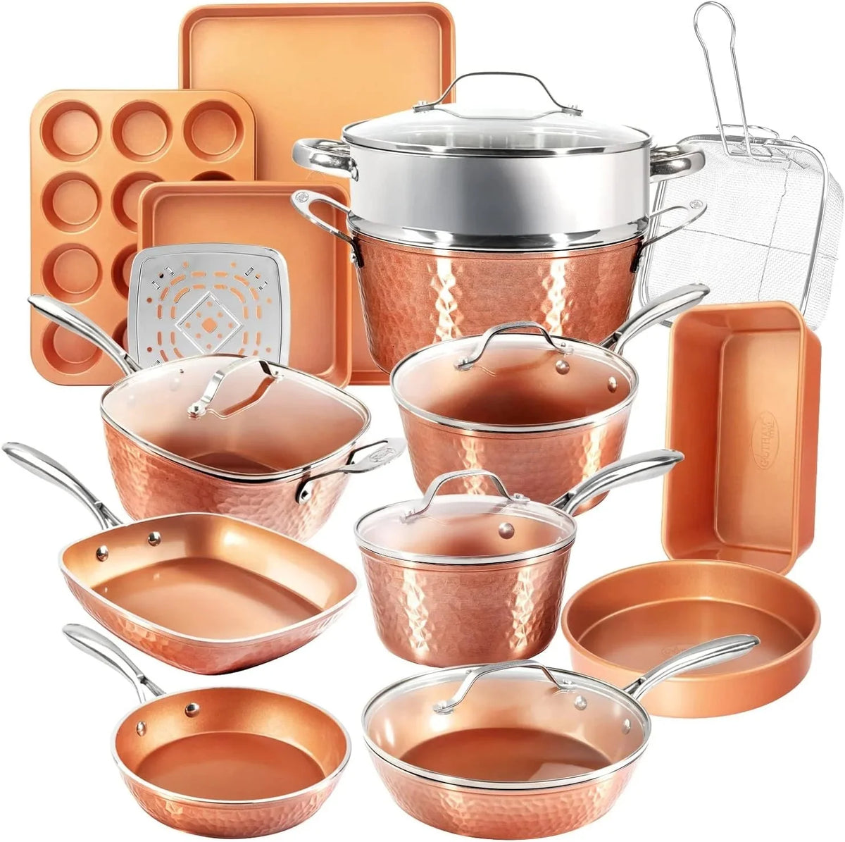 Hammered Copper 20 Pc Ceramic Cookware Set Nonstick. True Ceramic Pots and Pans Set Non Stick with Deep Square Pan Set & Bakeware Set. Non Toxic PFOA