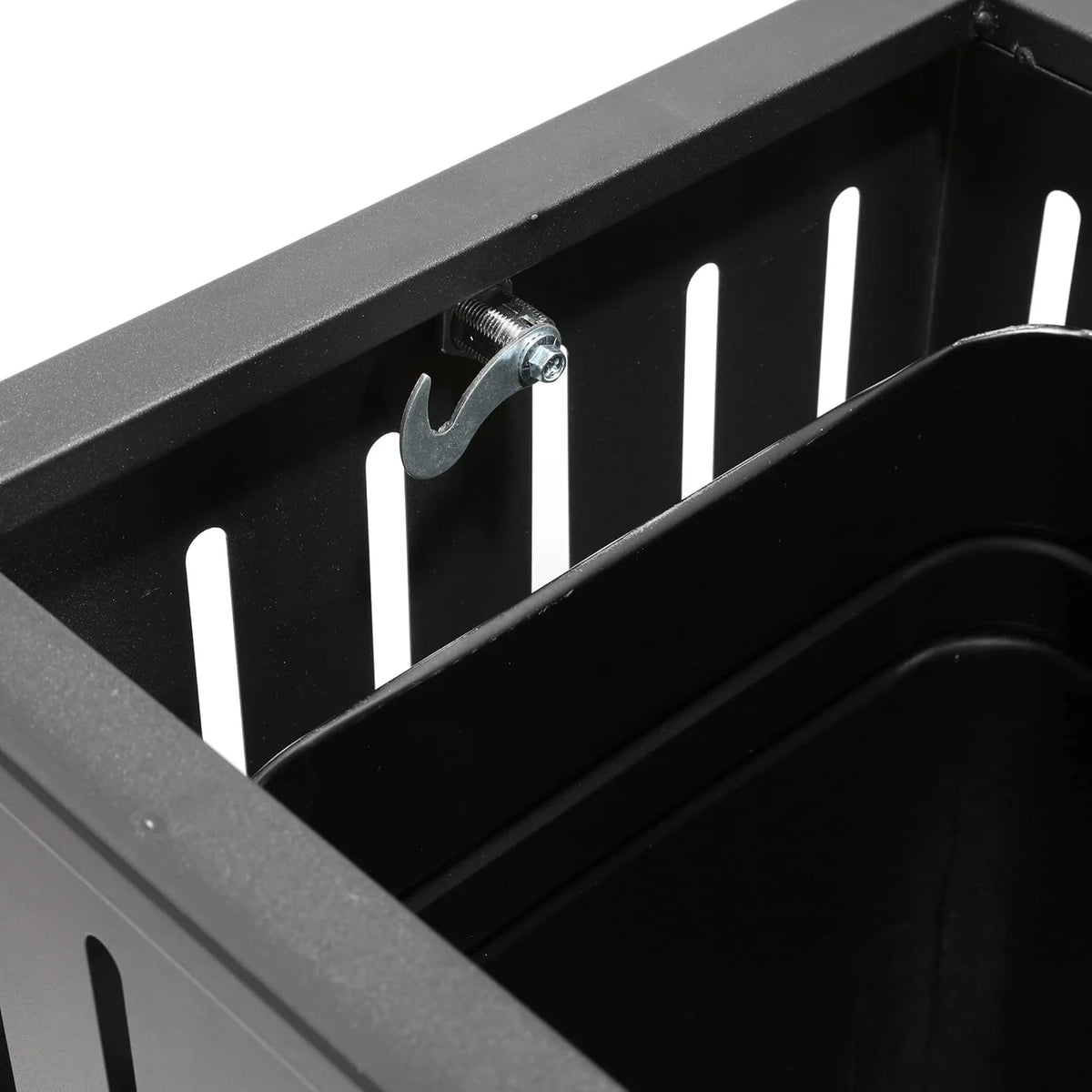 Outdoor trash bin top tray matte black stainless steel commercial waste storage box with lock cover. Heavy-duty industrial garden garage garbage container. dimensions: 35.5 * 15.8 * 15.8 inches.