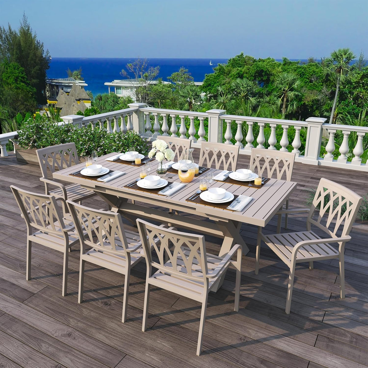 Extendable Patio Dining Table for 6-8. 63''-83'' Outdoor Aluminum Table w/Umbrella Hole. Rectangle Slatted Tabletop. Metal X-Trestle for Meals Garden Deck Backyard Gathering Party - Light Brown