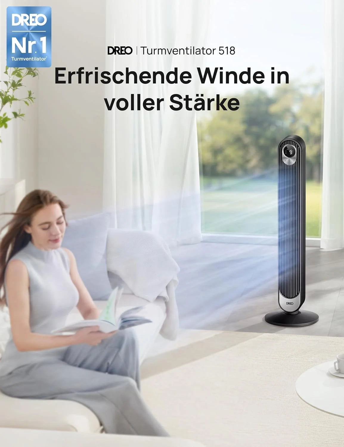 DREO DC Motor Turmventilator Leiser. 11M Windentfernung Ventilator mit Kühlung Fernbedienung. 9 Stufen 4 Modi. 90° Oszillierender Stand Ventilatoren