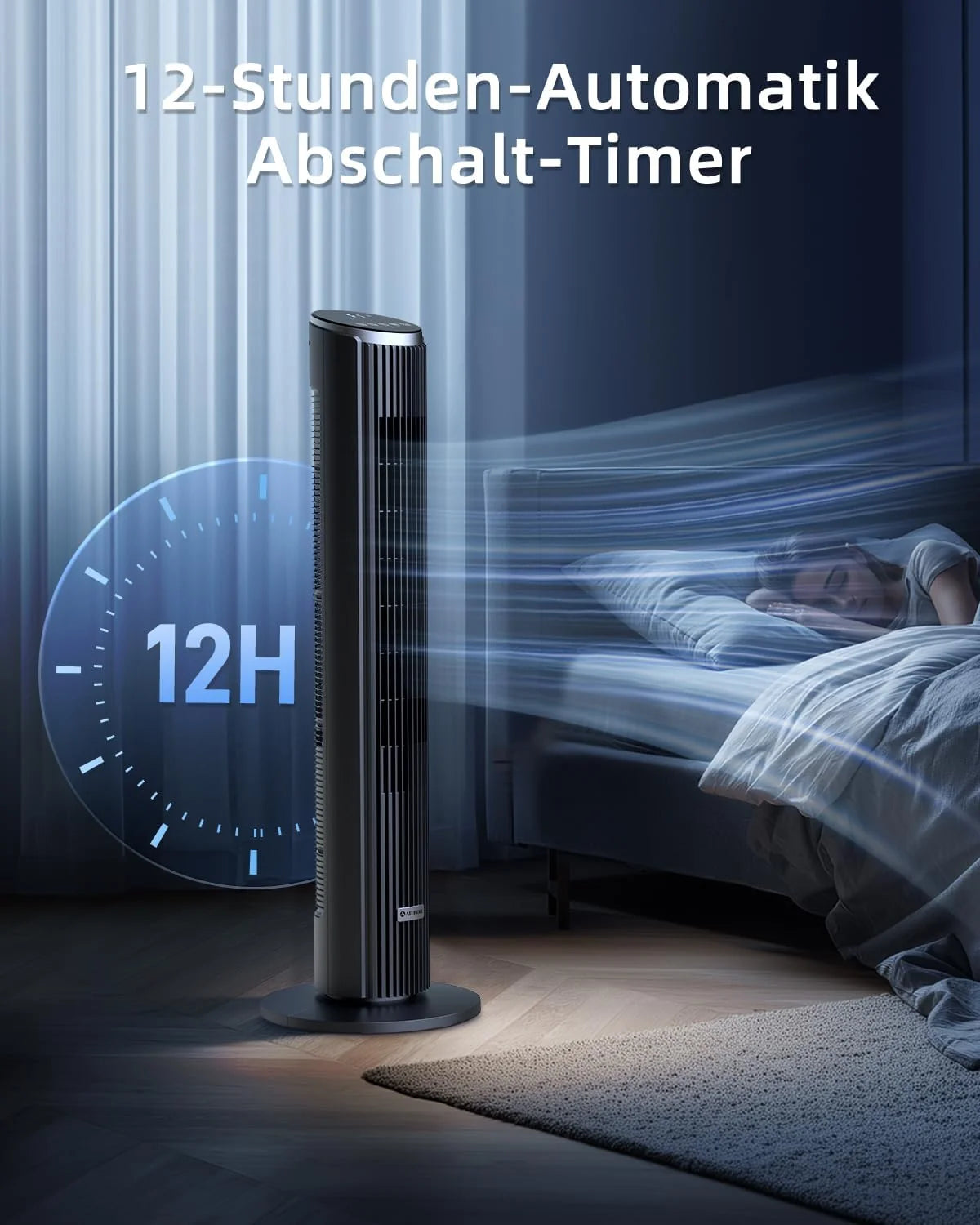 Ateroll Leiser Turmventilator für Schlafzimmer. Standventilator mit Fernbedienung. 90° oszillierend. 4 Geschwindigkeiten 3 Modi 12H Timer LED-Anzeige.