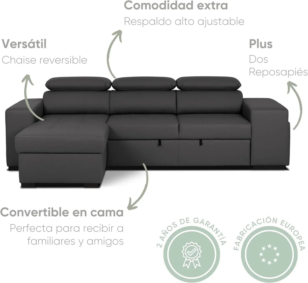 BUDWING John Sofá Cama Esquinero 4 Plazas - Chaise Longue Reversible. Reposacabezas Ajustable y 2 Pufs – Tapizado en Poliuretano – Estilo Moderno –