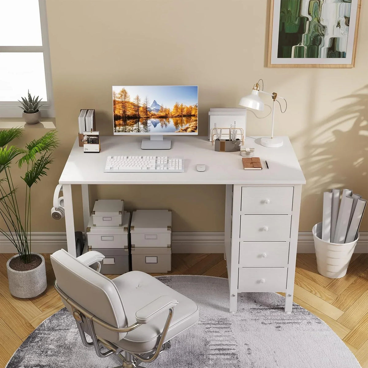 40 Inch Small White Desk with Fabric Drawers. Compact Computer Writing Desk for Home Office. Bedroom and Study