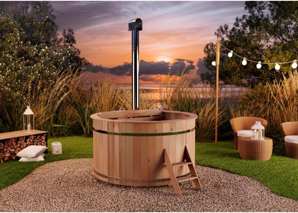 Holz Badefass Bergen. Hot Tub Ø 160 x 110 cm. inkl. Edelstahl-Ofen 22 kW und Einstiegsleiter. 3-4 Personen. Schwimmbecken. Badebottich. Sprudelbad