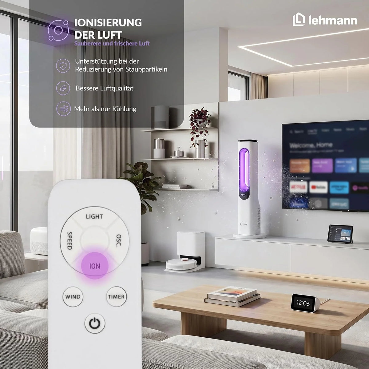 LEHMANN Turmventilator mit Fernbedienung & LED-Display. leiser Ventilator mit Schlafmodus. 15 h Timer. 3 Lichtfarben. 3 Modi. 3 Geschwindigkeiten.