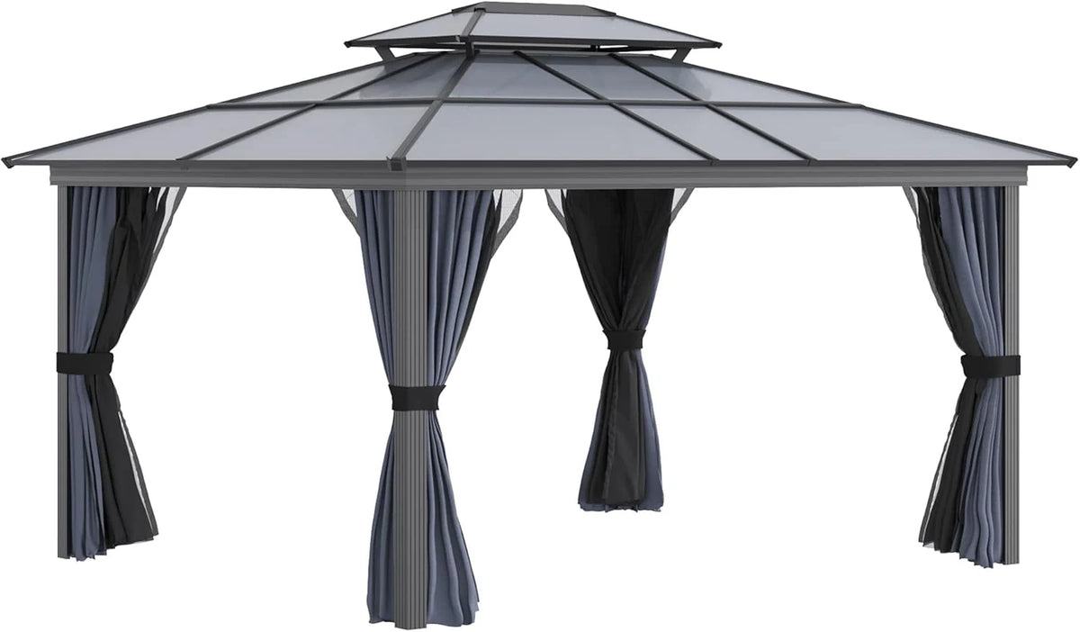 10 feet x 12 feet hard-top awning canopy. polycarbonate roof. aluminum frame. permanent outdoor awning. with net cover. suitable for patios. gardens. backyards. terraces. lawns. grasslands. light gray.