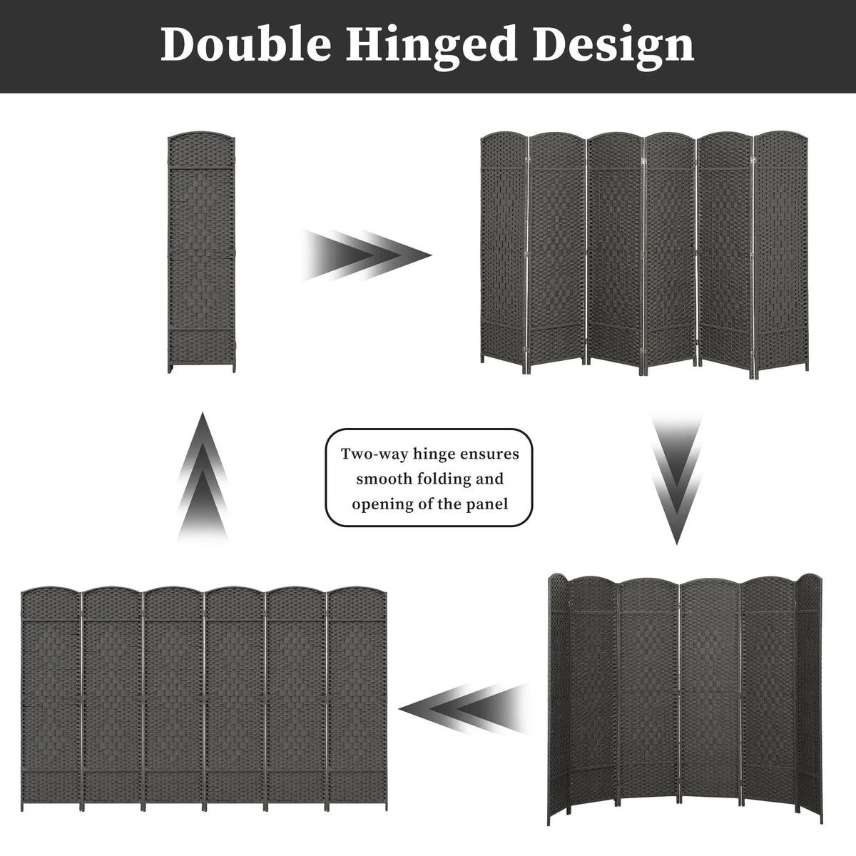 6 FT Tall Woven Fiber Room Divider. Freestanding Folding Privacy Screen
