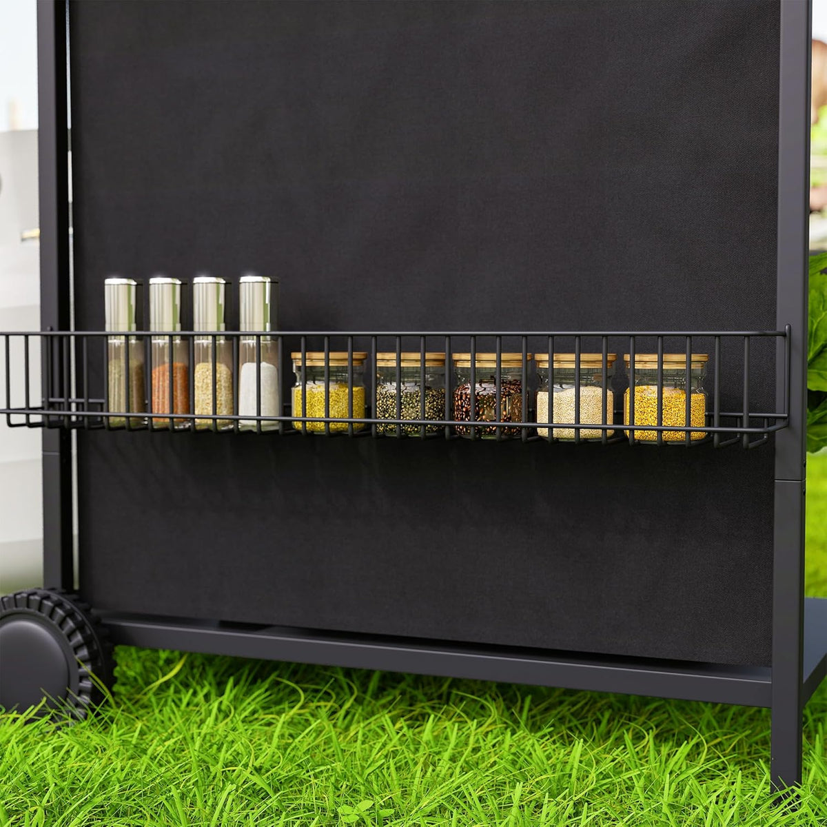 4+1 Burner Propane Gas BBQ Grill. Portable Gas Barbecue Grill with Side Burner. Thermometer. Lid. Side Table. Shelf. Spice Rack. Wheels. Grease Cup for Garden. Black