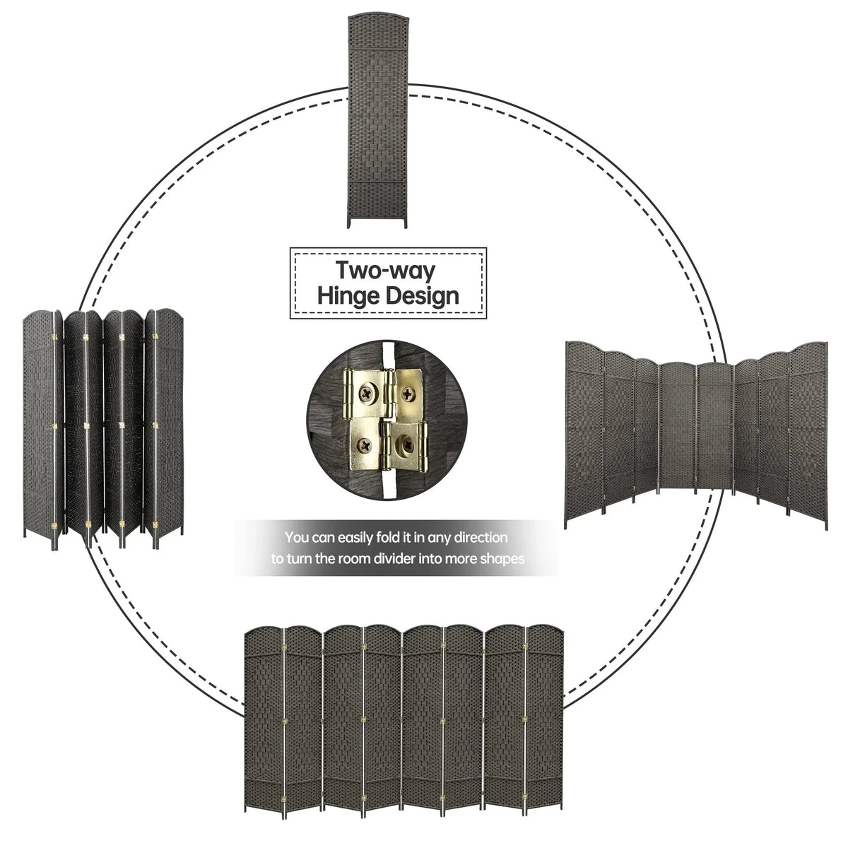 6 FT Tall Woven Fiber Room Divider. Freestanding Folding Privacy Screen