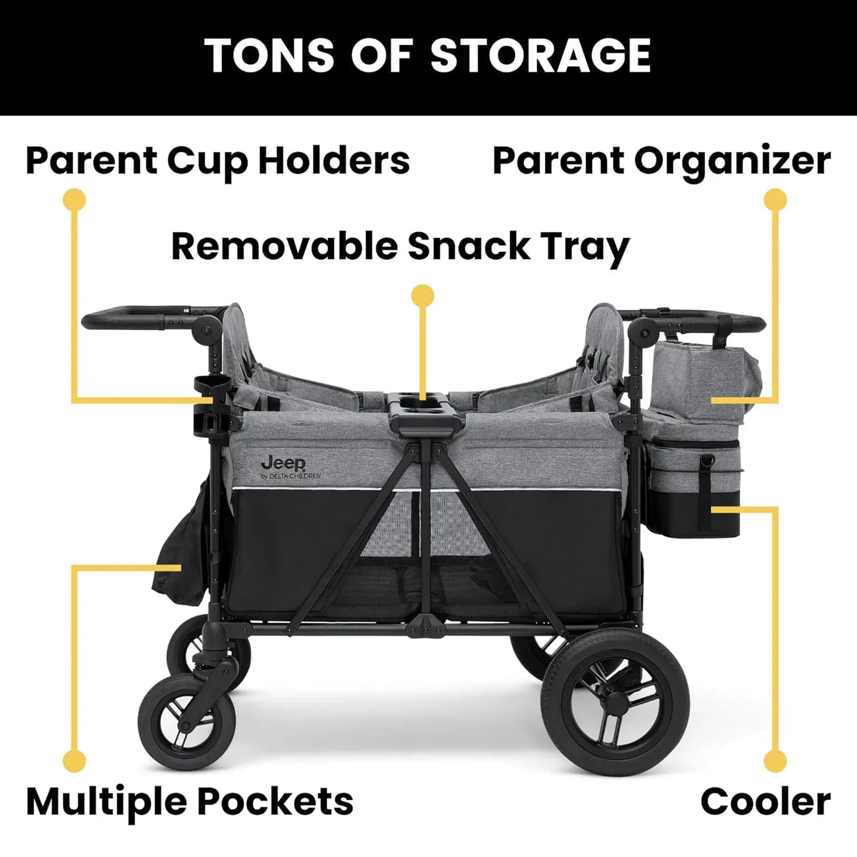 Luxurious 4-seater children's stroller - A high-end 4-seater children's stroller specially designed for 4 children. equipped with convertible seats. adjustable push-pull handles. detachable sunshade. and flat folding device. The color is grey.