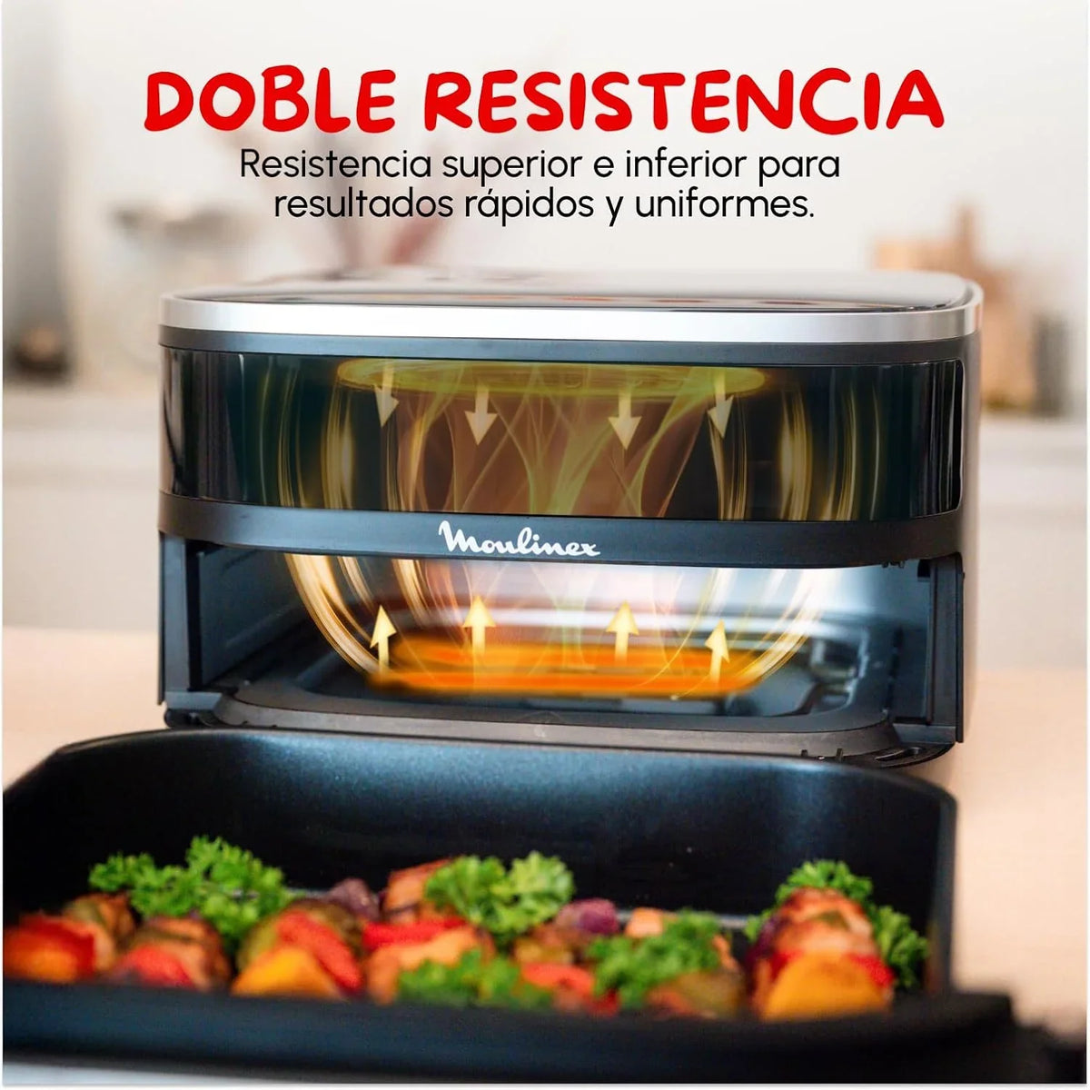 Moulinex Freidora de Aire Easy Fry XL Surface. 2200 W. Doble Resistencia. Cocción Uniforme. Cesta Ancha. 10 Programas Automáticos. Horno para Pizzas.