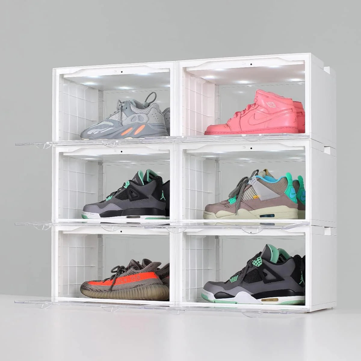 Lightning Collection Storage Box - Voice Control - Easy Access Storage Shoe Box. Stackable Shoe Storage Box. Equipped with Transparent Plastic Door. Suitable for Sports Shoes (11.2 x 14.9 x 8.8 inches (6 sets). White)